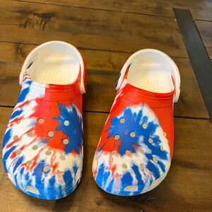 CROCS Tie-Dye Red, White & Blue Classic Clogs